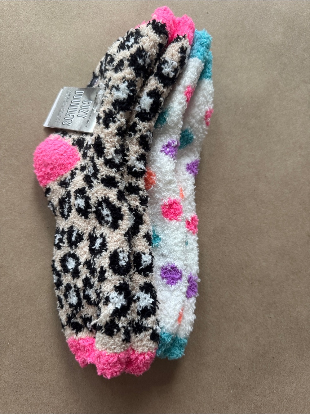 Kids Plush Fuzzy Socks - Pink Leopard & White Polka Dot